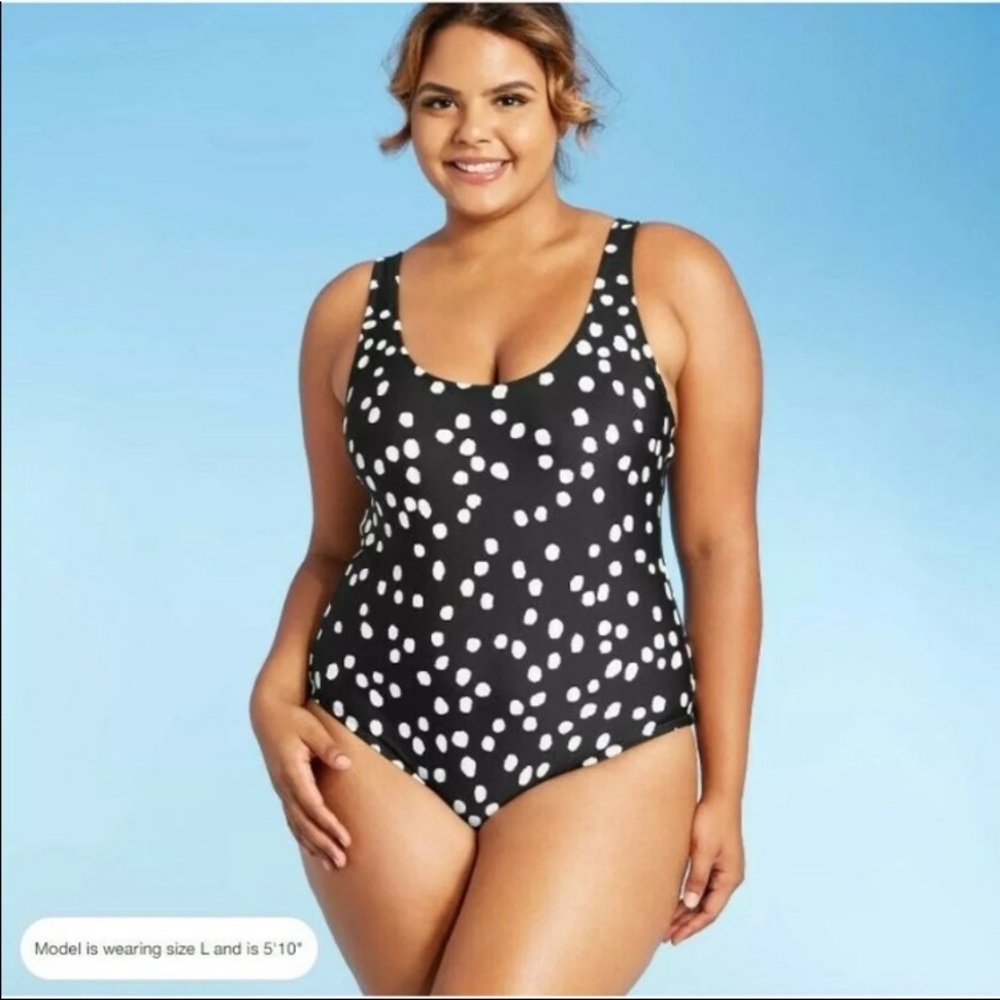 Kona Sol Swimsuit One Piece Size Large Polka Dot Black White Wide Straps NWT